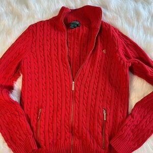 Ralph Lauren Red Zip Up Cable Knit Sweater